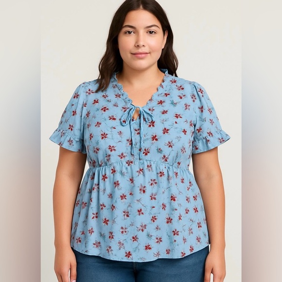 NWT!Blue floral, ruffle, V-neck tie, elastic waist, top size 12 or large - Picture 1 of 6